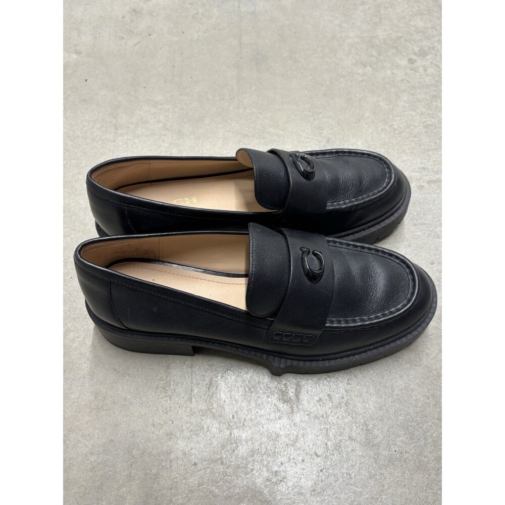 Coach Leah Platform Leather Lug Sole Loafers Shoes Black Slip On Size US 9.5 B